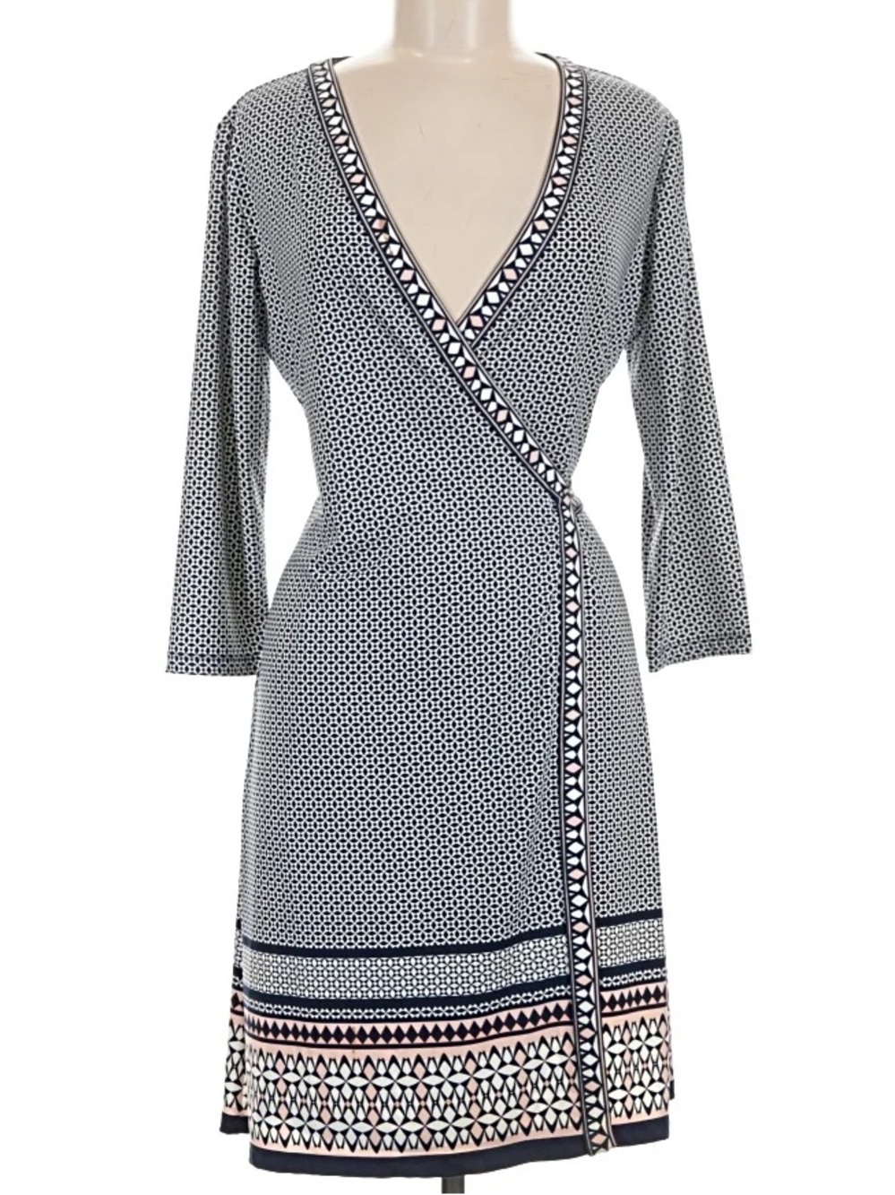 MAX STUDIO Wrap Dress Geometric Printed 3/4 sleeve Stretchy Navy Waist Tie S - M